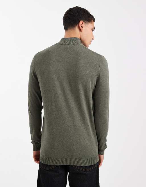 ONLY & SONS quarter-zip knitted jumper in khaki, 3 of 5