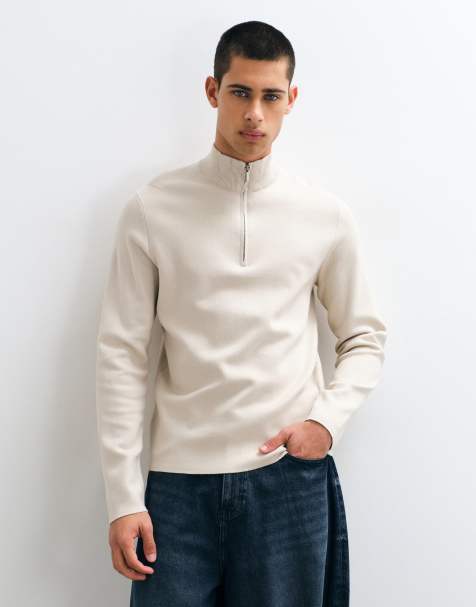 ONLY & SONS quarter zip knitted jumper in stone - view 1