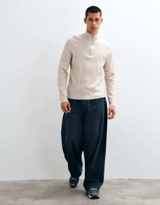 ONLY & SONS quarter zip knitted jumper in stone, 2 of 5