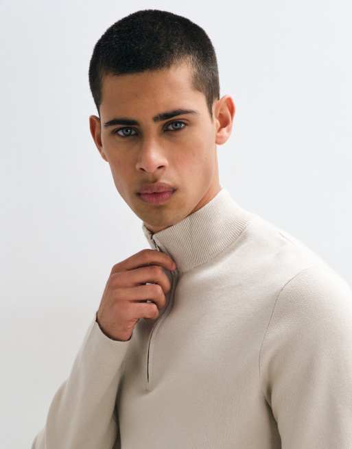 ONLY & SONS quarter zip knitted jumper in stone, 3 of 5