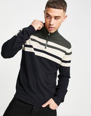 Only & Sons quarter zip striped jumper in black and khaki