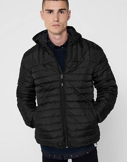 Only & Sons quilted hooded jacket in black | ASOS