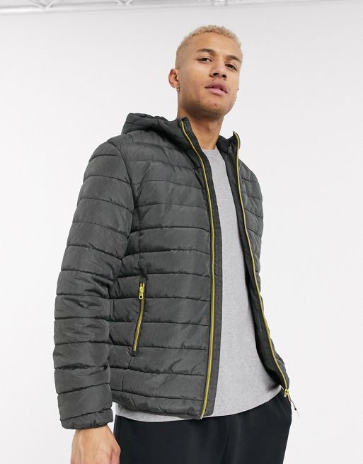 Only & Sons quilted jacket with hood in grey | ASOS