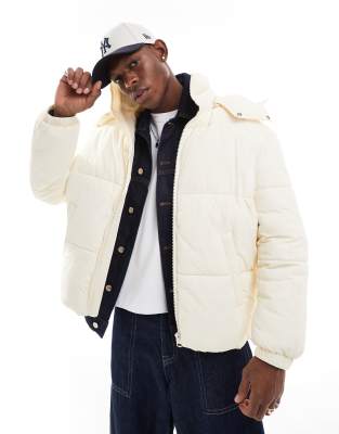 quilted puffer jacket with wide hood in off white