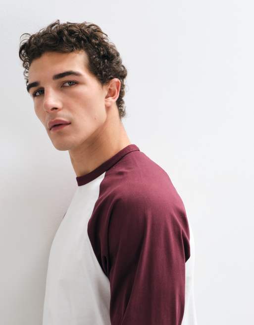 ONLY & SONS raglan contrast long sleeve top in white & burgundy, 3 of 5