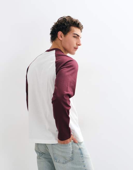 ONLY & SONS raglantop met contrastkleur en lange mouwen in wit en bordeauxrood, 5 van 5