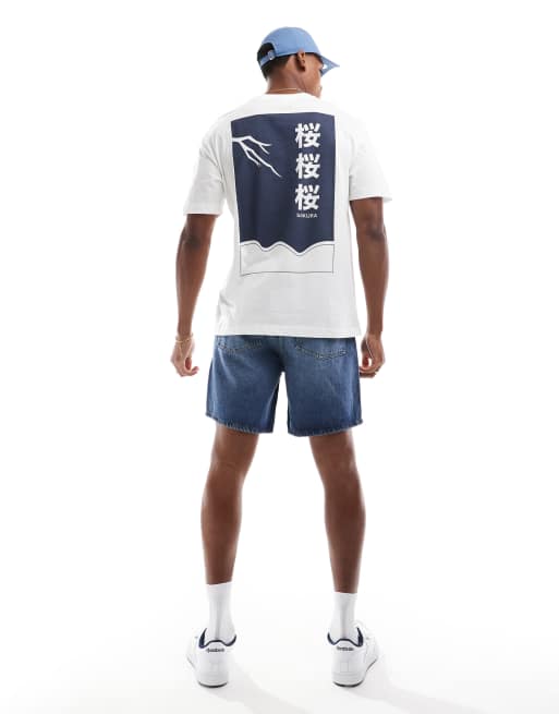 Only & Sons - Råhvid T-shirt med japansk print i afslappet pasform