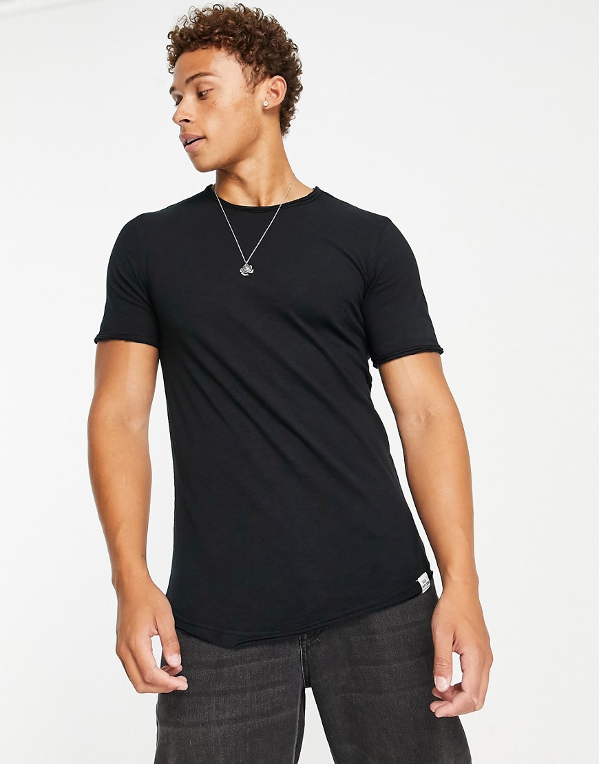 Only & Sons raw edge longline curve hem t-shirt in black