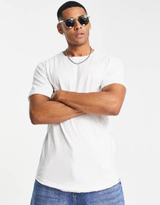 Only & Sons Raw Edge Longline Curve Hem T-shirt In White