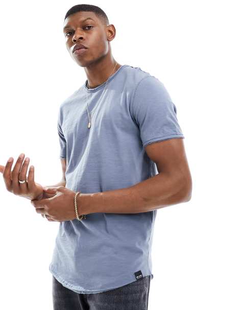 Only & Sons raw edge longline curved hem t-shirt in blue - view 1
