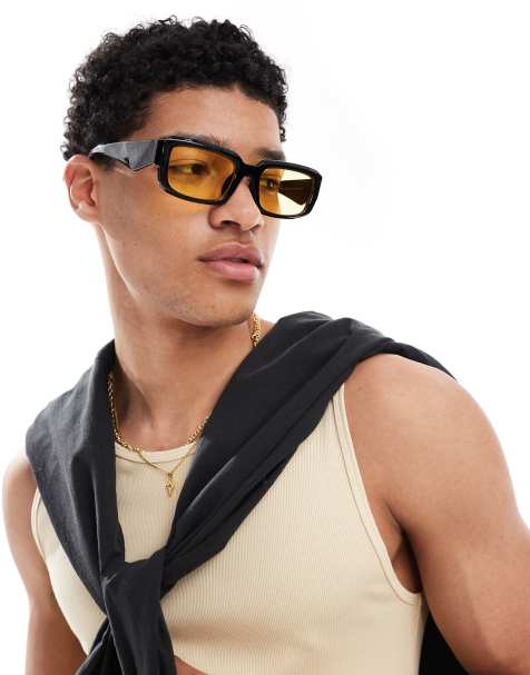 Only & Sons – Rechteckige Sonnenbrille in Schwarz mit gelben Gläsern - view 1