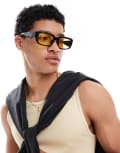 [ONLY & SONS] ONLY & SONS rectangle sunglasses with yellow lens in black One Size Black / yellow