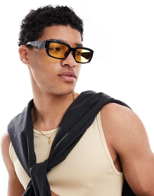 ONLY & SONS rectangle sunglasses with yellow lenses in black