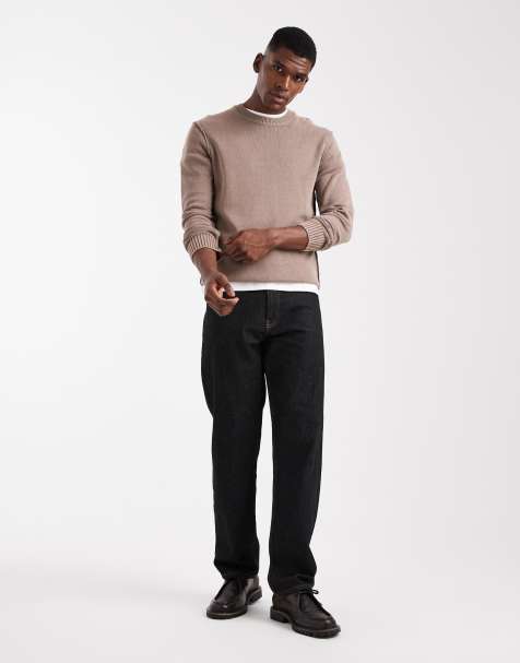 ONLY & SONS regular fit crew neck knit jumper with exposed seam in light brown - view 1
