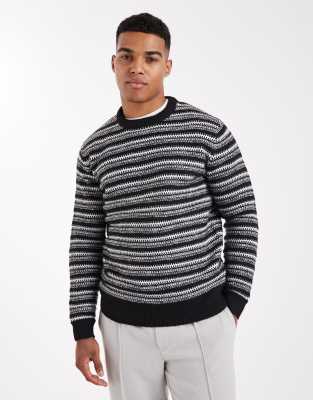ONLY & SONS ONLY & SONS regular fit crew neck open knit jumper in mono stripe-Black