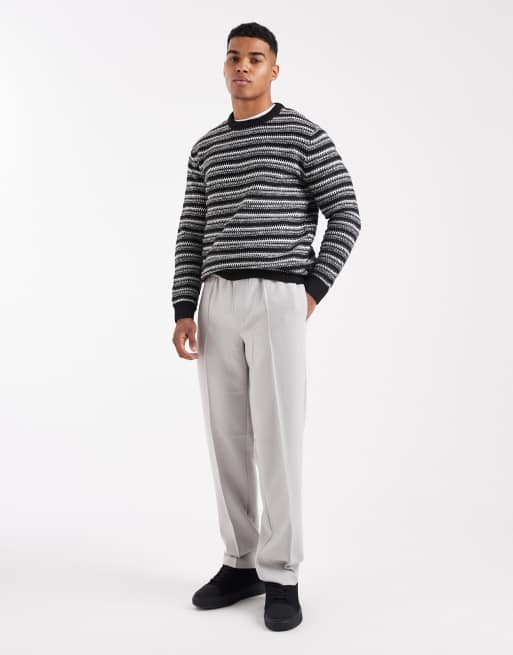 ONLY & SONS regular fit crew neck open knit sweater in black and white stripes, 2 of 5