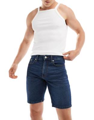 regular fit denim shorts in mid blue denim-Navy