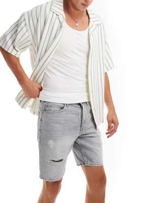 regular fit distressed denim shorts in washed gray