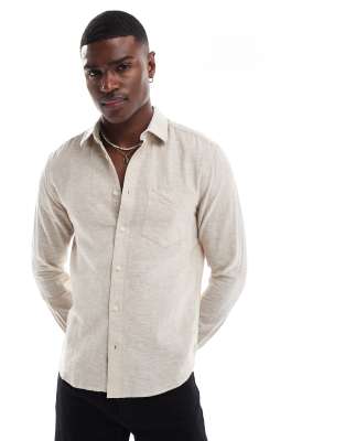 ONLY & SONS regular fit linen mix long sleeve shirt in beige-Black