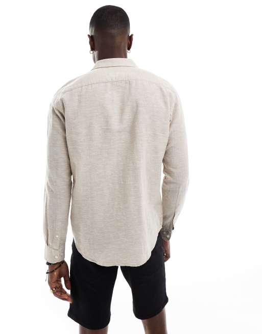 ONLY & SONS relaxed fit linen mix long sleeve shirt in beige