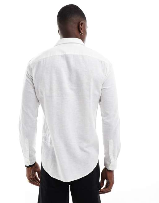 ONLY & SONS regular fit linen mix long sleeve shirt in white