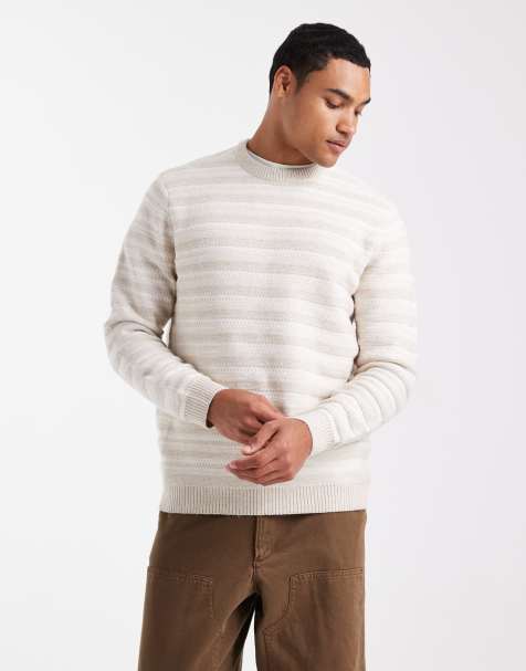 ONLY & SONS regular fit crew neck open knit jumper in stone with white stripes