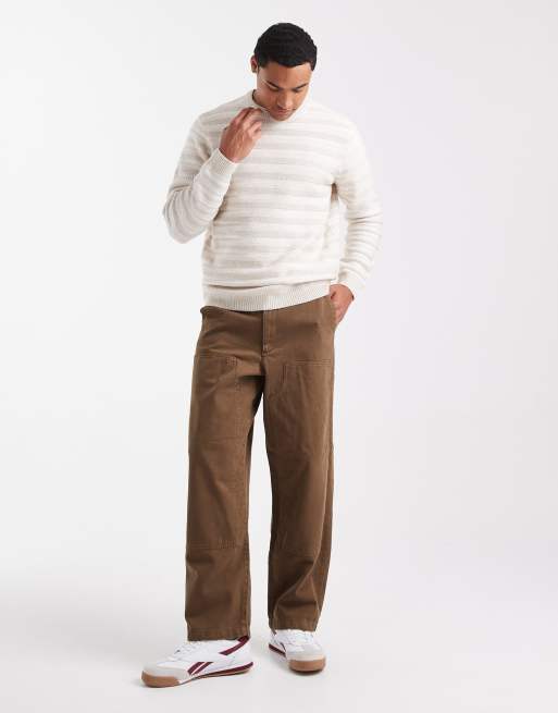 ONLY & SONS - Regular-fit open gebreide trui met ronde hals in stone met witte strepen, 2 van 5