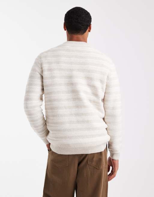 ONLY & SONS - Regular-fit open gebreide trui met ronde hals in stone met witte strepen, 3 van 5