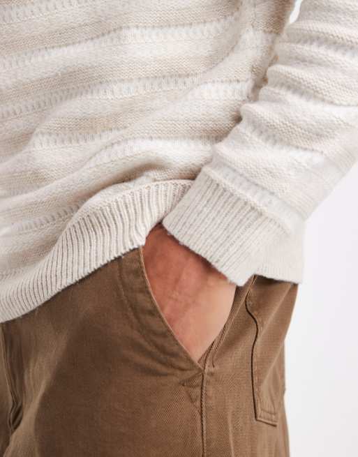 ONLY & SONS - Regular-fit open gebreide trui met ronde hals in stone met witte strepen, 4 van 5