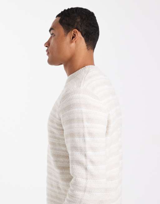 ONLY & SONS - Regular-fit open gebreide trui met ronde hals in stone met witte strepen, 5 van 5