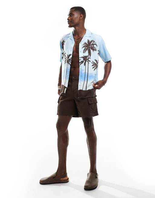 Only & Sons - Regular-fit overhemd met reverskraag en retro palmprint in lichtblauw