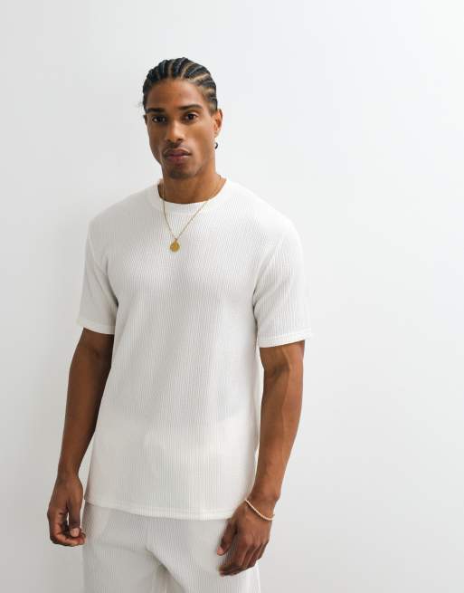 ONLY & SONS - Regular-fit plissé T-shirt in wit, deel van co-ord set, 5 van 5