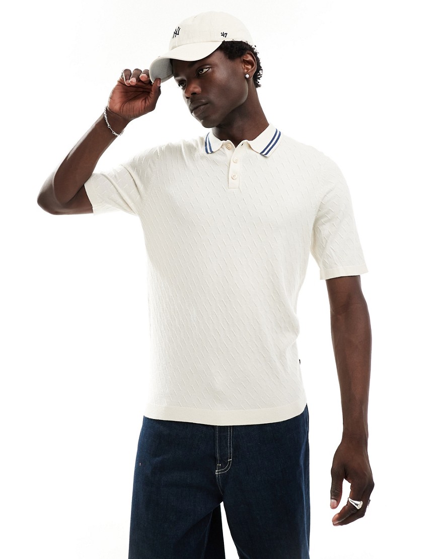 Only & Sons Regular Fit Stripe Collar Knit Polo In Cream-white