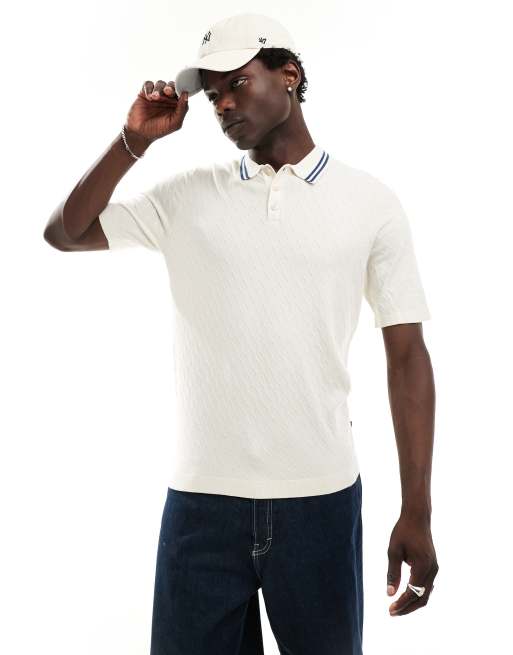  ONLY & SONS regular fit stripe collar knitted polo in cream