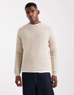 ONLY & SONS ONLY & SONS regular fit textured knitted jumper in stone with cream stripe-White