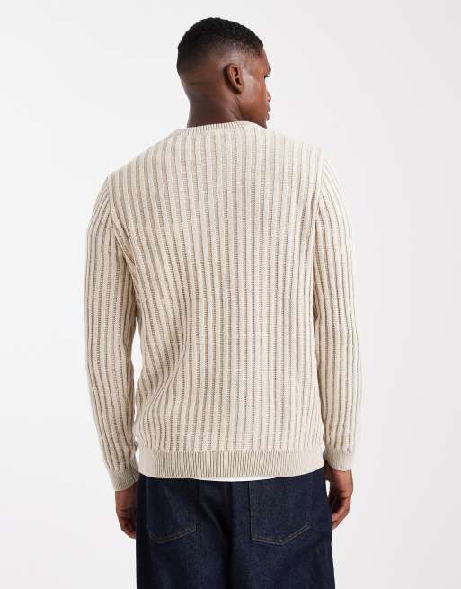 ONLY & SONS regular fit textured knitted jumper in stone with cream stripe, 3 of 5
