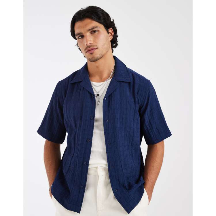 ONLY & SONS regular fit textured shirt with camp collar in navy | ASOS