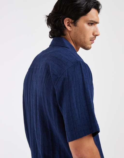 ONLY & SONS regular fit textured shirt with camp collar in navy, 2 of 5