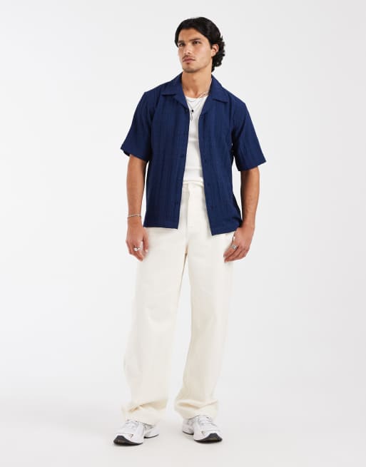 ONLY & SONS regular fit textured shirt with camp collar in navy, 3 of 5