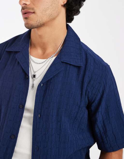 ONLY & SONS regular fit textured shirt with camp collar in navy, 4 of 5