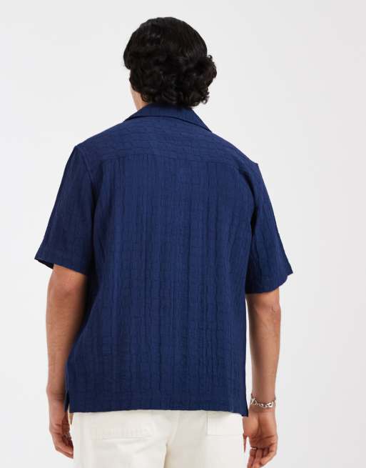 ONLY & SONS regular fit textured shirt with camp collar in navy, 5 of 5