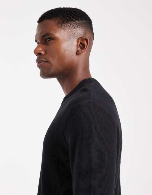 ONLY & SONS regular fit waffle knit jumper in black, 3 of 5