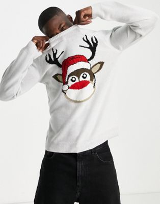 Only & Sons reindeer christmas jumper in light grey