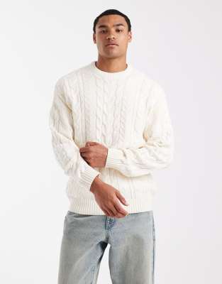 ONLY & SONS relaxed cable knit sweater in cream-White