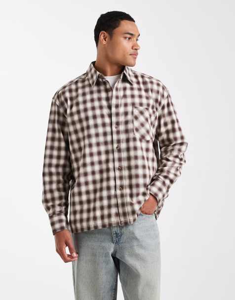 ONLY & SONS relaxed crop long sleeve shirt in brown with cream checks - view 1