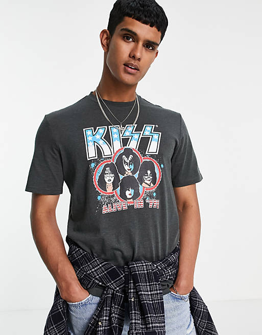Only & Sons relaxed fit band t-shirt with KISS chest print in charcoal