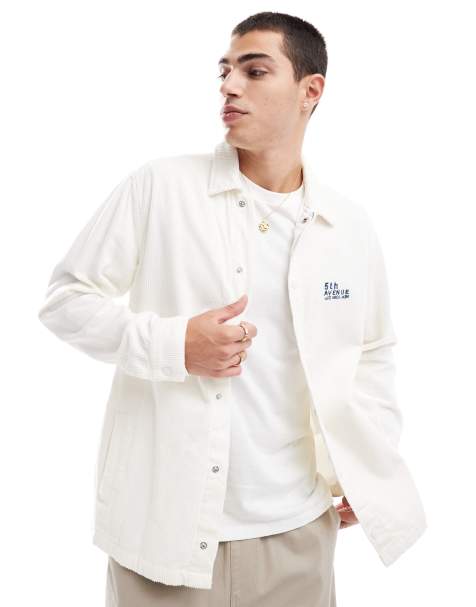 ONLY & SONS relaxed fit cord overshirt with 5th Ave embroidery in cream - view 1