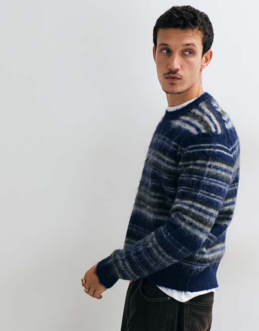 ONLY & SONS relaxed fit crew neck fluffy knit sweater in blue stripe, 2 of 5