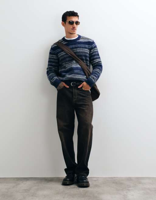 ONLY & SONS relaxed fit crew neck fluffy knit sweater in blue stripe, 3 of 5