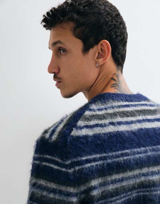 ONLY & SONS relaxed fit crew neck fluffy knit sweater in blue stripe, 4 of 5